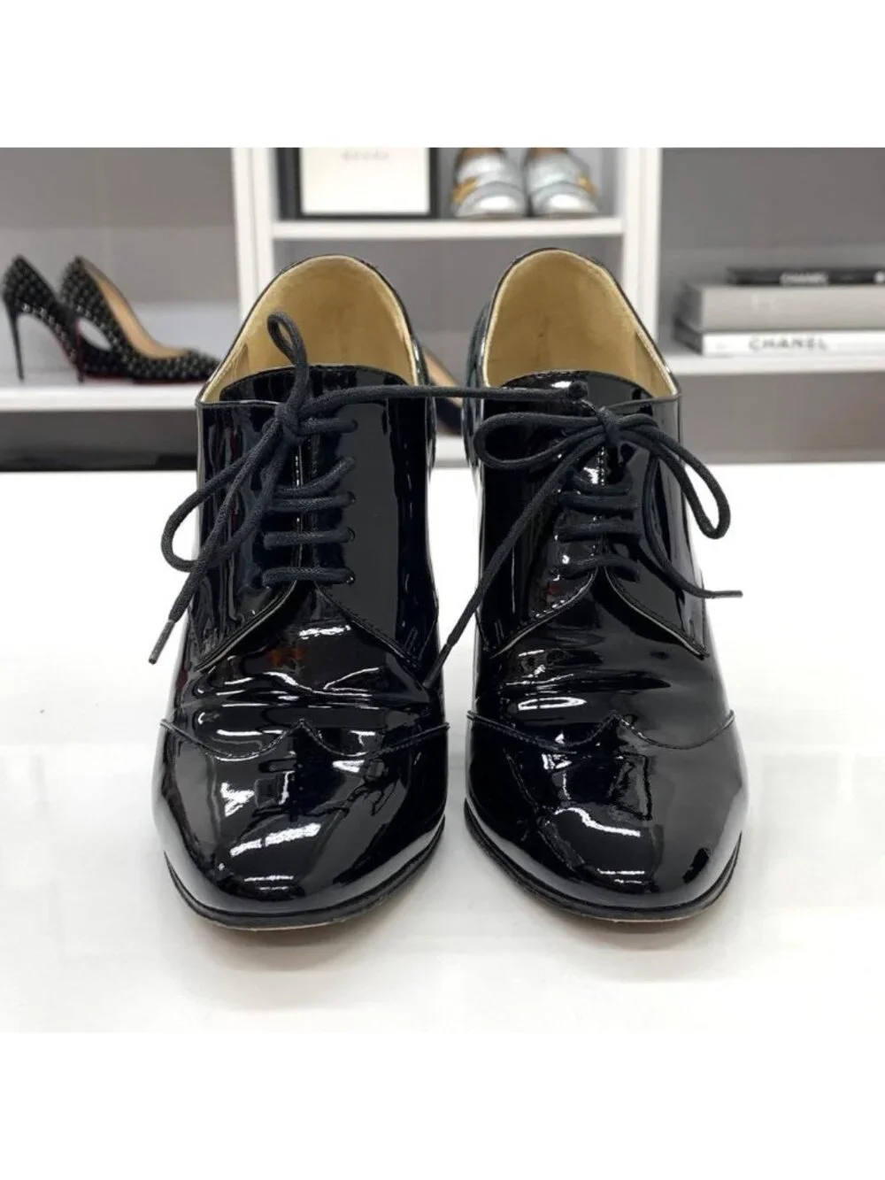Chanel Patent CC Logo Lace-up Booties Black Boot